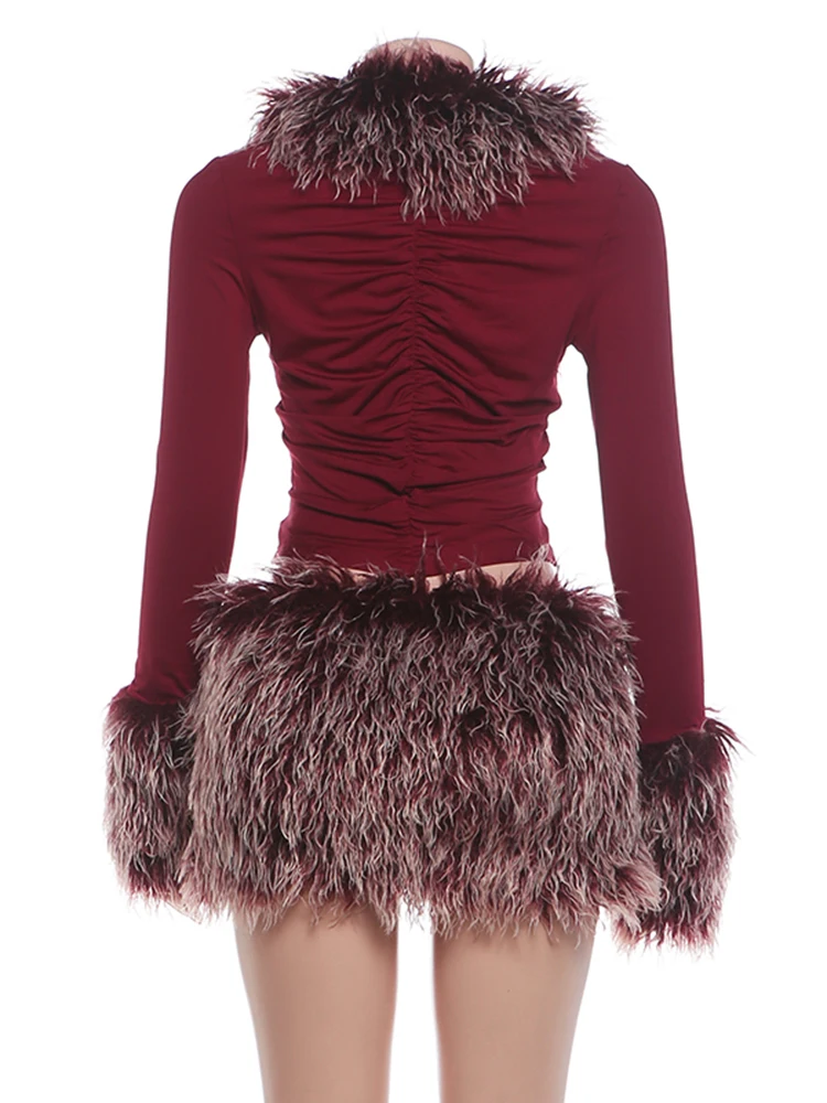 Weird Puss Herbst Neuer Stil 2-teiliges Set Damen Plüsch-Patchwork Tief Ausgeschnittenes Langarm-Crop-Top + Minirock Sexy Modische Outfits – Detail 5