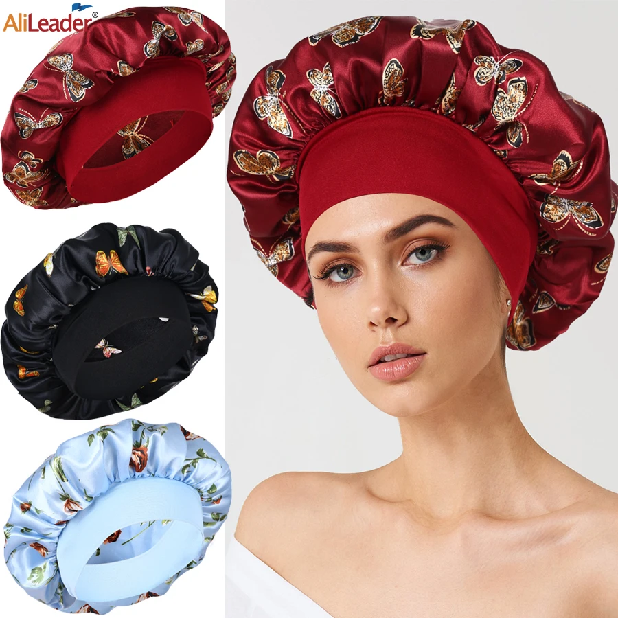 

Adjustable Sleeping Silk Bonnet Black Women Wide Elastic Band Night Cap For Sleeping Curly Bonnet Large Braids Locs Cover Bonnet