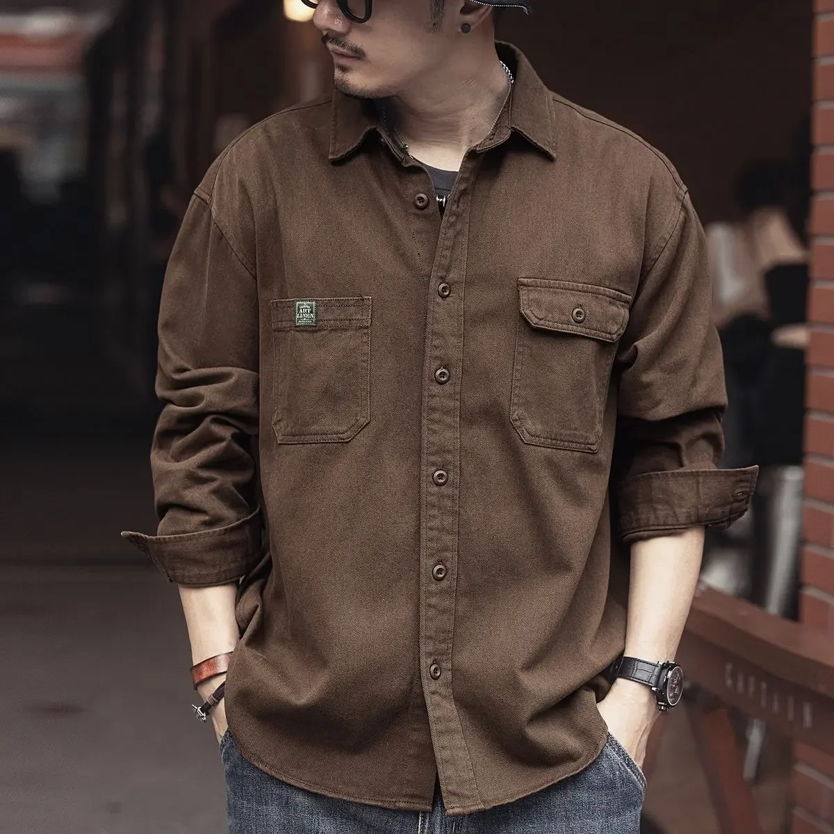 

2025 Spring and Autumn New American Retro Tooling Brown Shirt Men's Long-sleeved Loose Casual Multi-pocket Shirt