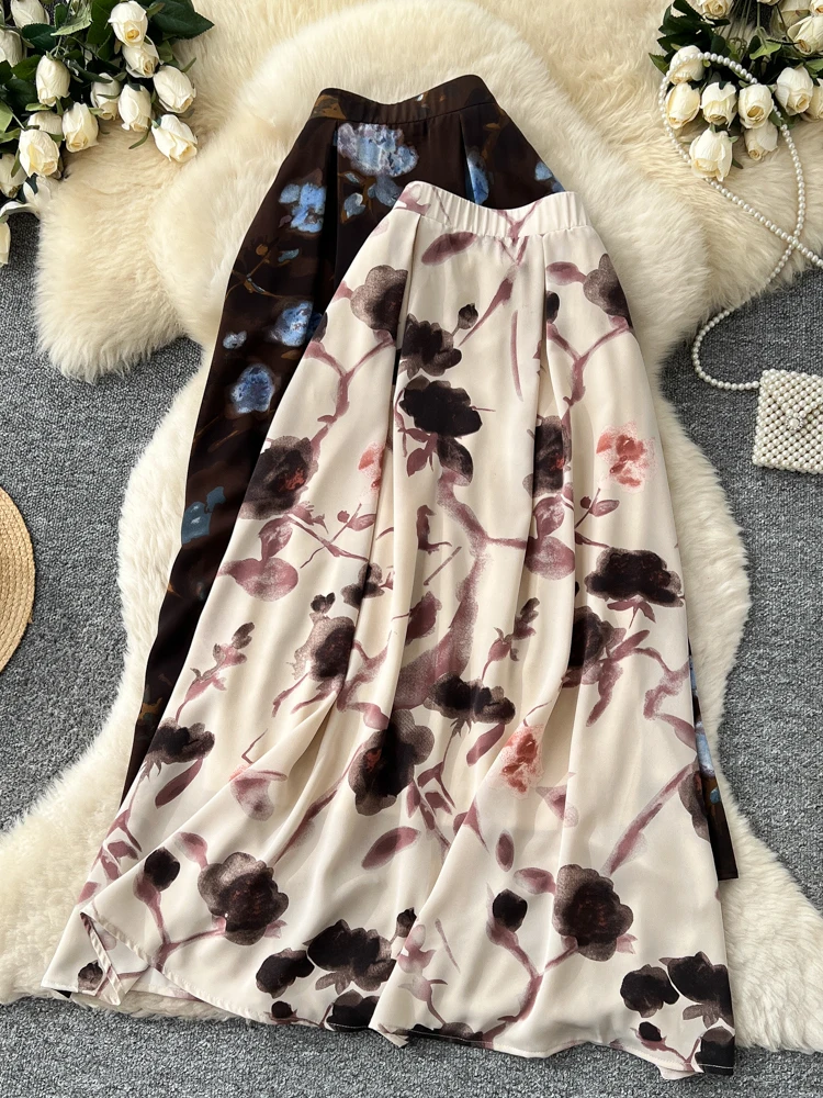 

Юбка А-силуэта с ретро-принтом, женская, весенняя, с завышенной талией, стройнящая, универсальная, для повседневной носки, длинная, в корейском стиле, с элементами пэчворка