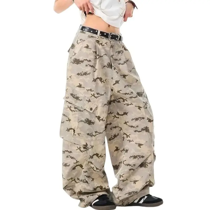 

American High Street Cargo Pants Camouflage Washed Wide Leg Knife Edge Denim Jeans Loose Straight Trousers for Men And Women