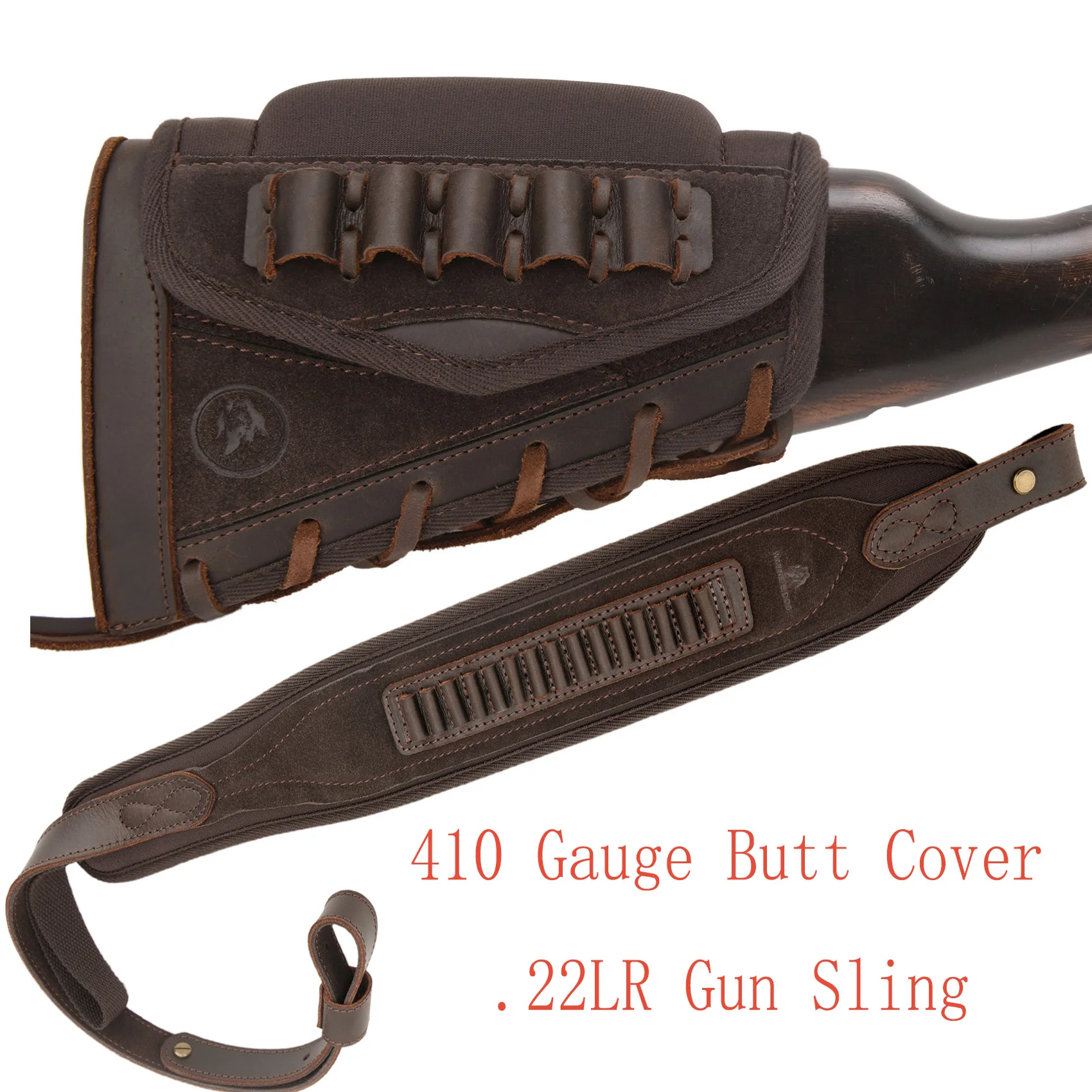 

Hunting Leather Gun Butt Stock Cover 410 Gauge with Rifle Sling Shell Holder .22LR for Double-Barrel Shotgun 410 / .22