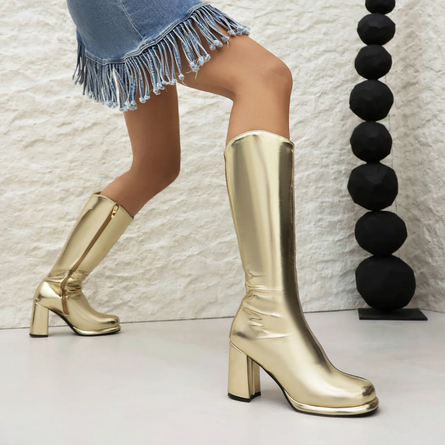 Gold Silver Elegant Knee High Boots Women Block Heels Party Dress Ladies Winter Plush Round Toe Zipper Gogo Long Platform Boots