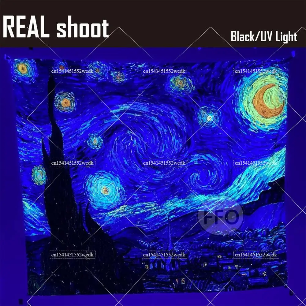 Blacklight Tapestry Starry Night Van Gogh Wall Art Decor Glow In The Dark Oil Painting Fluorescent Tapestry Uv Reactive Poster