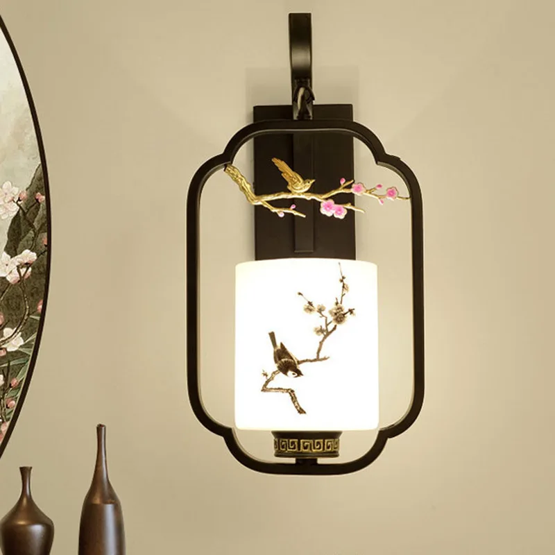 

Creative New Chinese Flower Bird Wall Lamp Modern Living Room Bedroom Bedside Aisle Stair Tv Background Glass