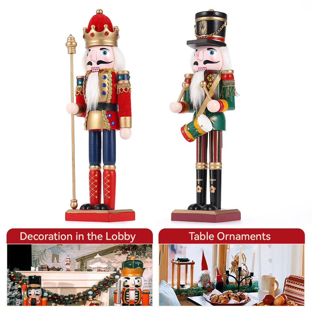 2Pcs/3Pcs 30CM Wooden Nutcracker Puppet Figurine Hand Painted Nutcracker Soldier Model Doll Christmas Ornaments Home Decoration