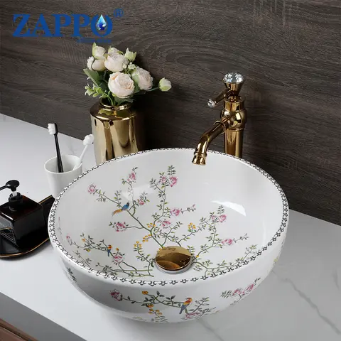 ZAPPO 세라믹 대야 싱크대 볼, 욕실 싱크대 수도꼭지 콤보, 카운터 위 도자기, 둥근 모양, 화장대 상단, 호텔용 싱크대
