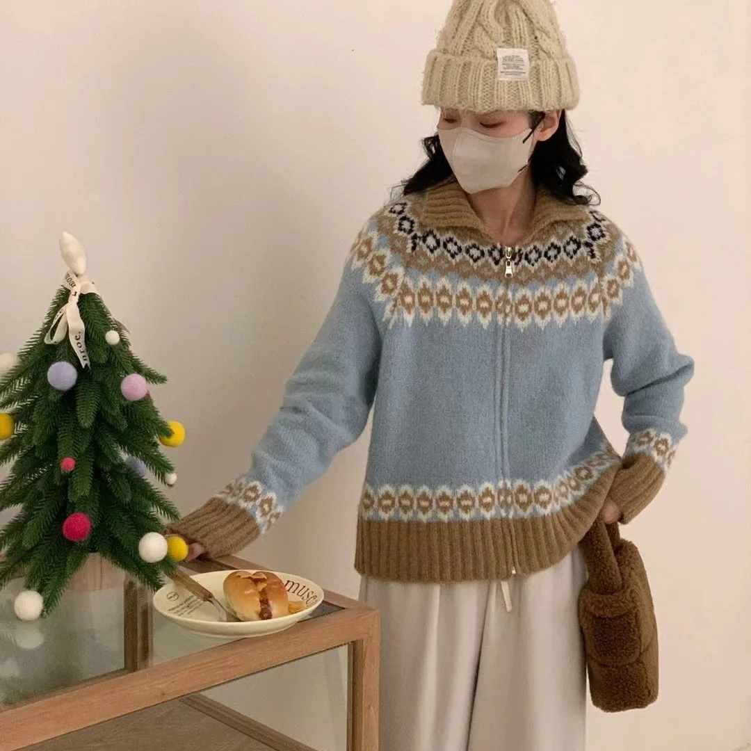 Mulheres impressão camisola de malha com zíper cardigan turn down collar manga cheia jumpers suéteres casual splice streetwear grosso