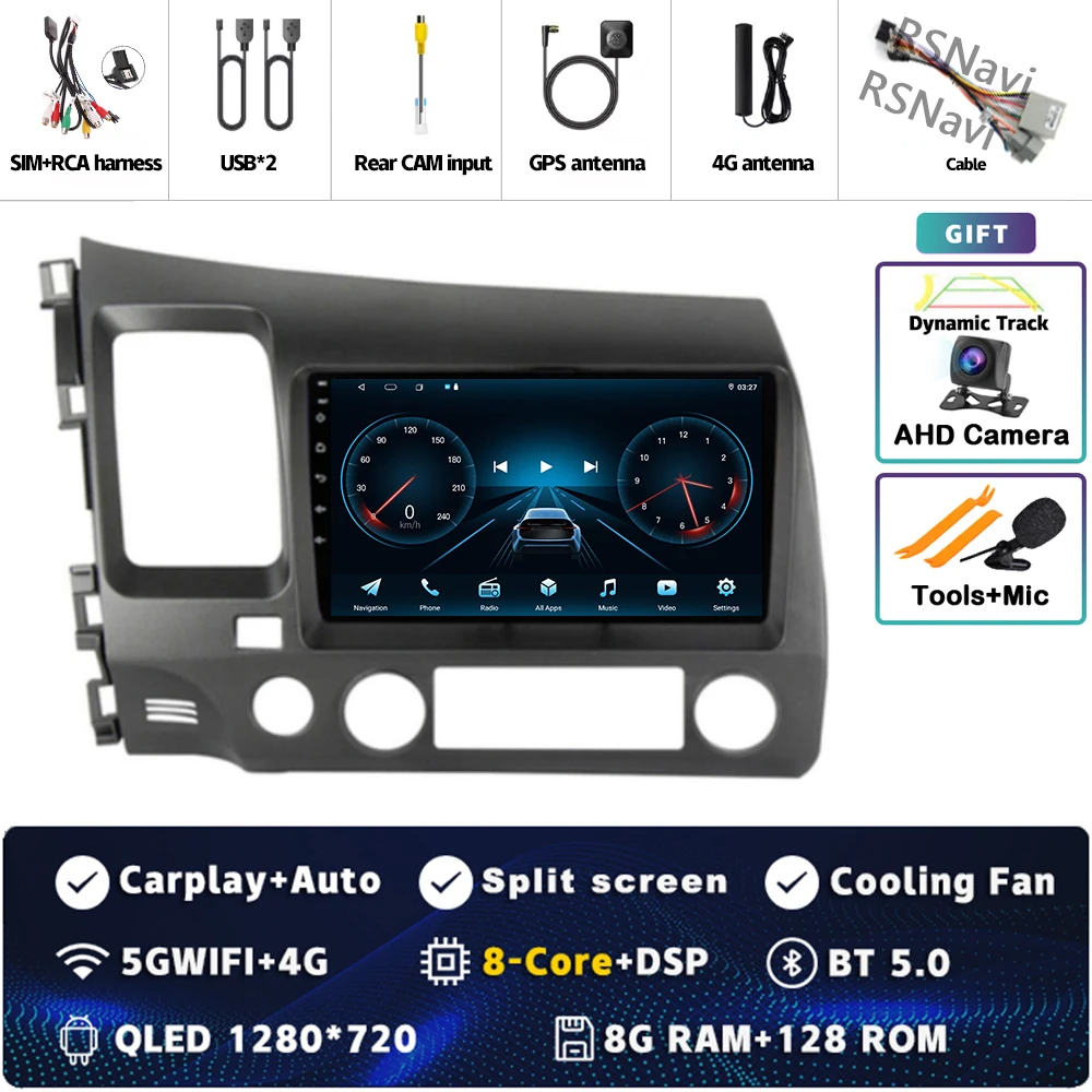Android 15 Voor Honda Civic 8 FK FN FD 2005-2012 2K QLED Android Autoradio Multimedia Video speler GPS 4G CarPlay Stereo