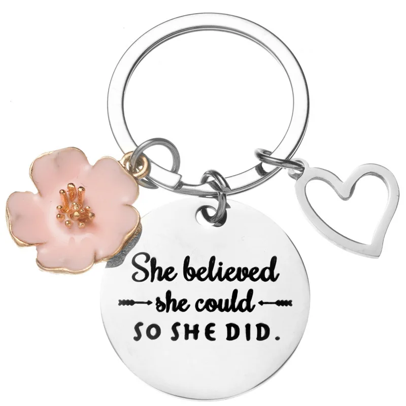 Petal Peach Heart Key Ring She Believed She Could So She Did Stainless Steel Keychain