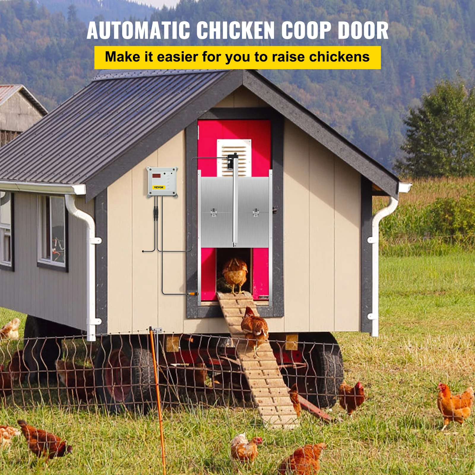 VEVOR Automatic Chicken Coop Door Timer and Light Sensor Chicken Opener 12V 66W  Electric Poultry Door Kit with Infrared Sensor