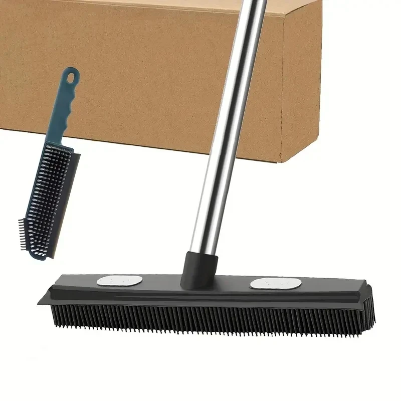 

2Pcs Rubber Broom Carpet Rake with Squeegee Long Handle for Pet Hair Fur Remover Broom for Fluff Carpet Hardwood Floor