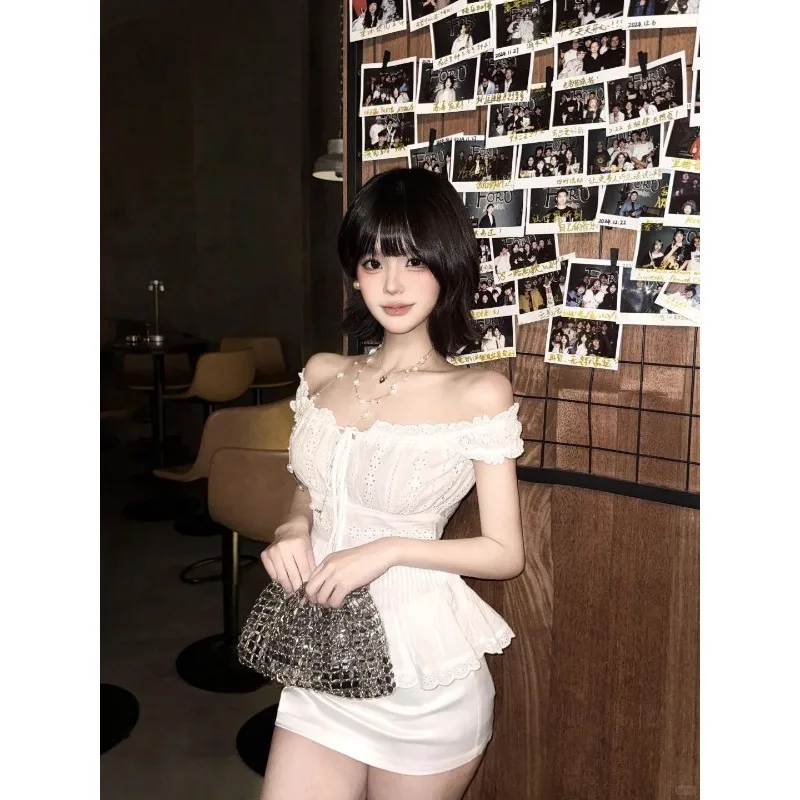 Korean Hot Girl Elegant Women Off Shoulder Hollow Lace Tie Front Slim Peplum Top + Satin Mini Skirt 2 Pieces Set Summer Outfit view 4
