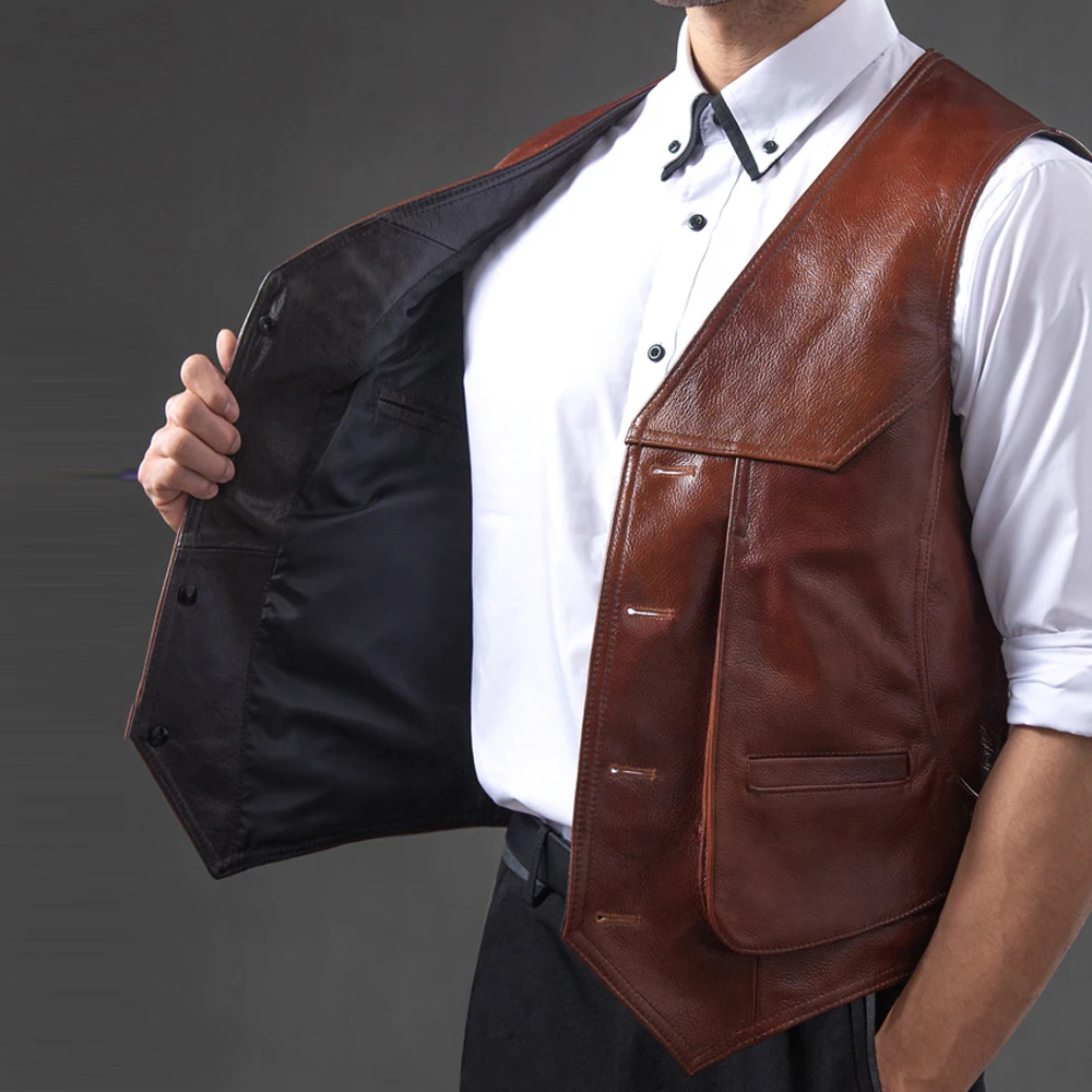 European Casual Men Vest Coat Cowhide Genuine Cow Leather Waistcoat Man Winter Autumn Dress Suit Wedding Vest Muti Pocket Tanks