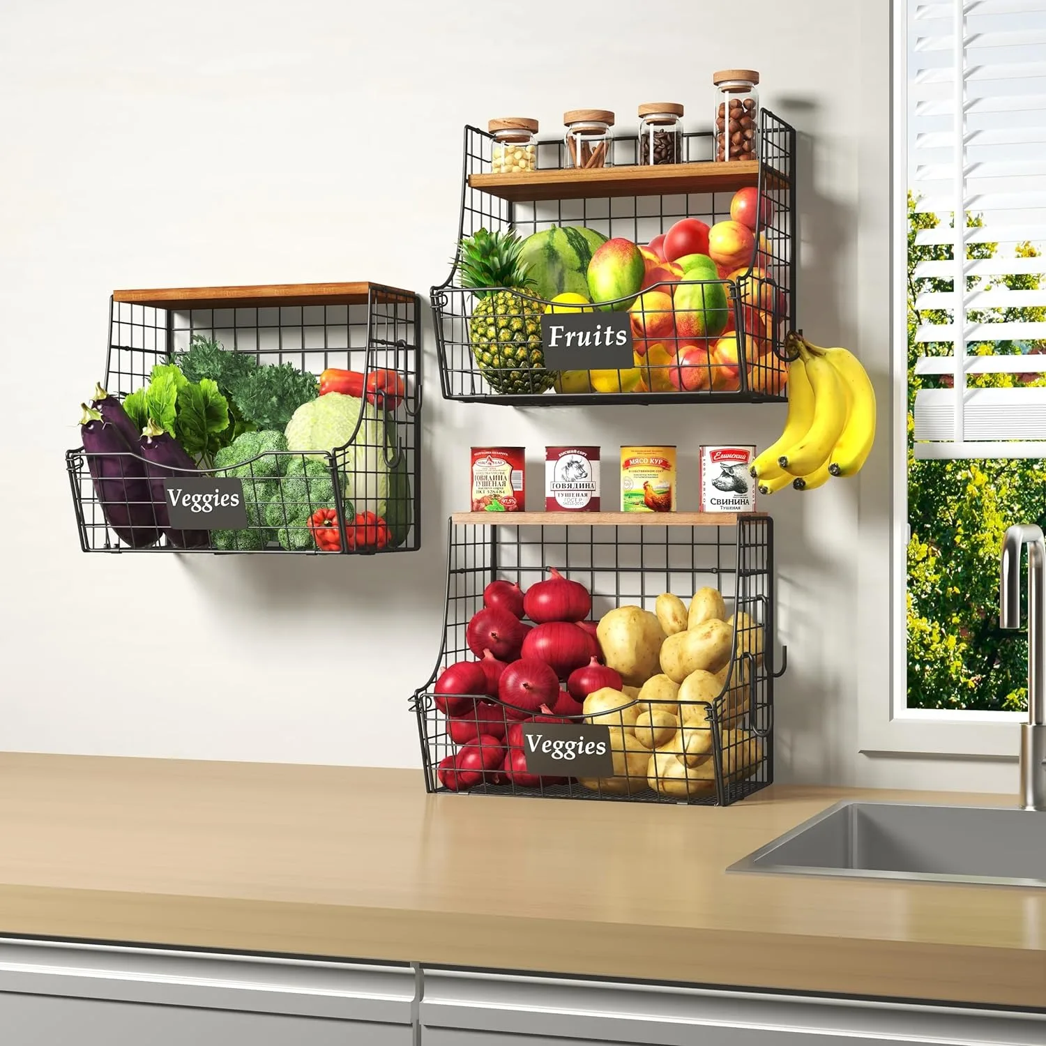 

Fruit Basket for Kitchen with Wood Lid - Counter&Wall Mounted Onion and Potato Storage with Nameplate, Stackable Storage Basket