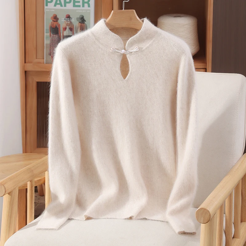 

2025Осенне-зимний женский свитер из 100% чистого норкового кашемира с новым круглым вырезом в китайском стиле, элегантный теплый и удобный вязаный топ