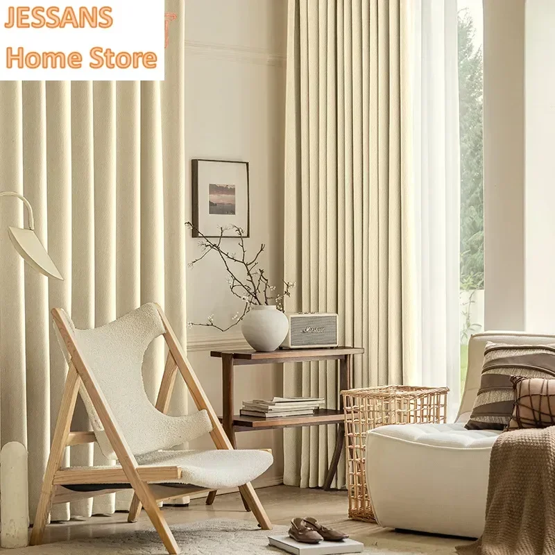 

Custom Size Cheese Cashmere Living Room and Bedroom Full Blackout Curtains Finished Door Screen Shutter Wedding Curtain