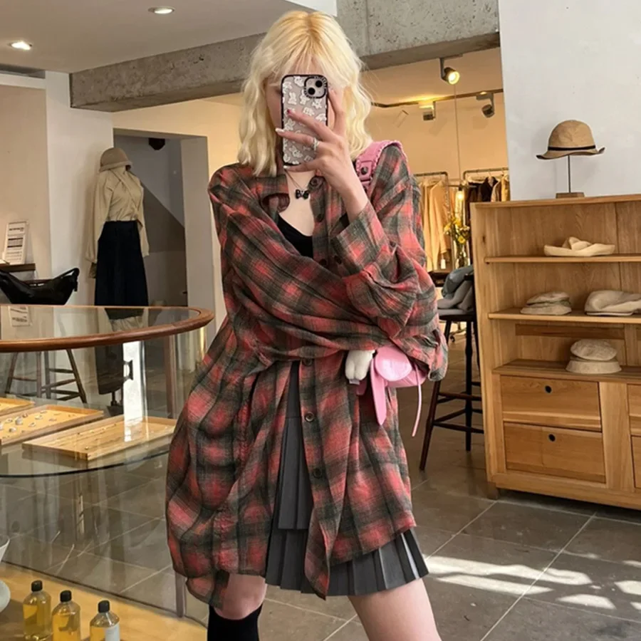 Vintage Plaid Idle Style Shirt Men Women's Casual Loose Fit Long Sleeve Blouse Square Collar Trendy Fashion Red And White Checke