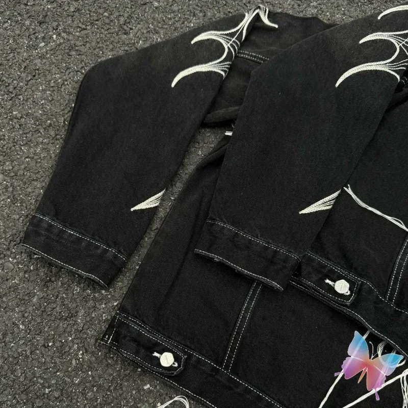 Real Photos Washed Black Metal Stars Moons Logo Thug Club Jacket Embroidered Tassel Denim Coats Hiphop Street Men Women Cleanfit