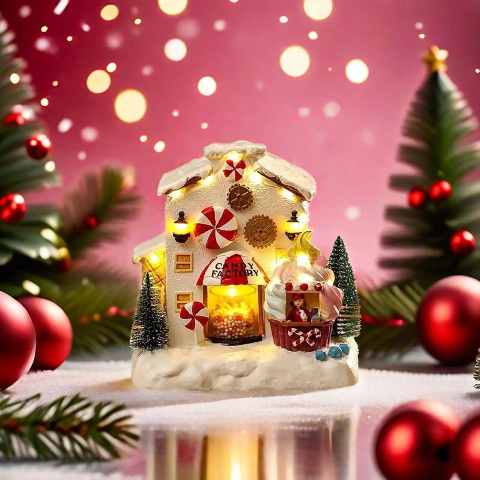 

Lighted Xmas Village House Craft Snow Scenery Party Artwork Desktop Festival Candy House Figurine Christmas Indoor Decorations