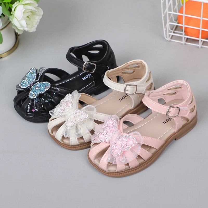 Shine Children Sandals for Girls Butterfly Cute Designer Kids Shoes Peep-toe Korean Style 2023 Summer New Soft Breatheable Chic