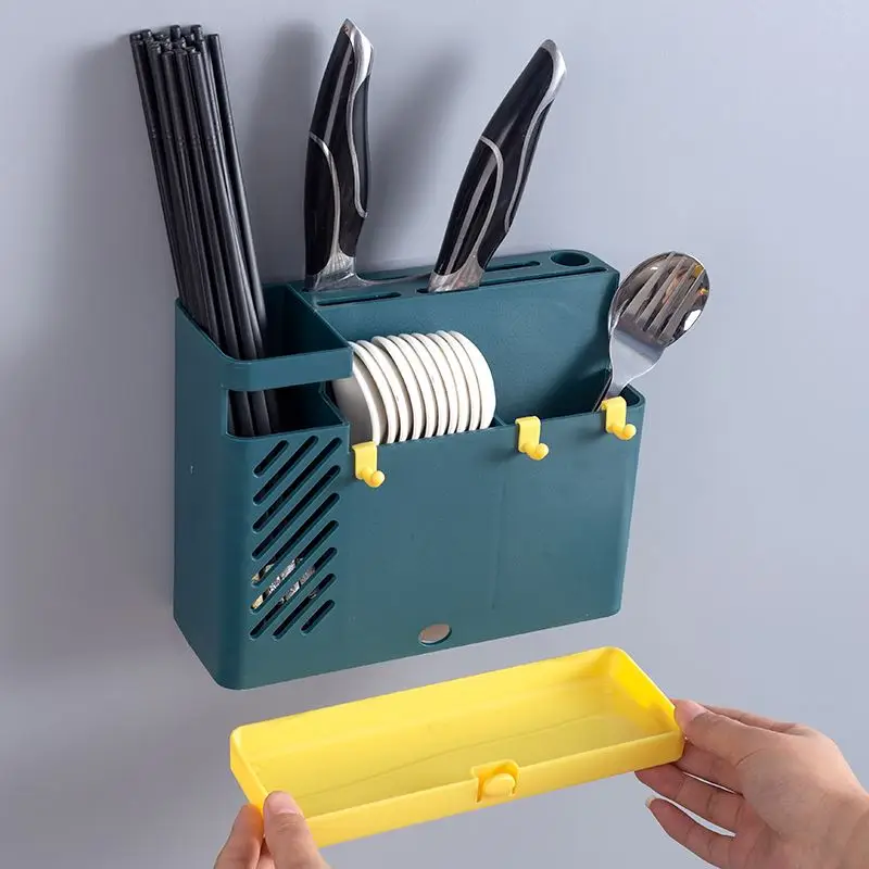 Kitchen Wall-Mounted Storage Box Holder Bamboo Chopsticks Cage Utensil Cutlery Organizer Rack No-Drilling Required
