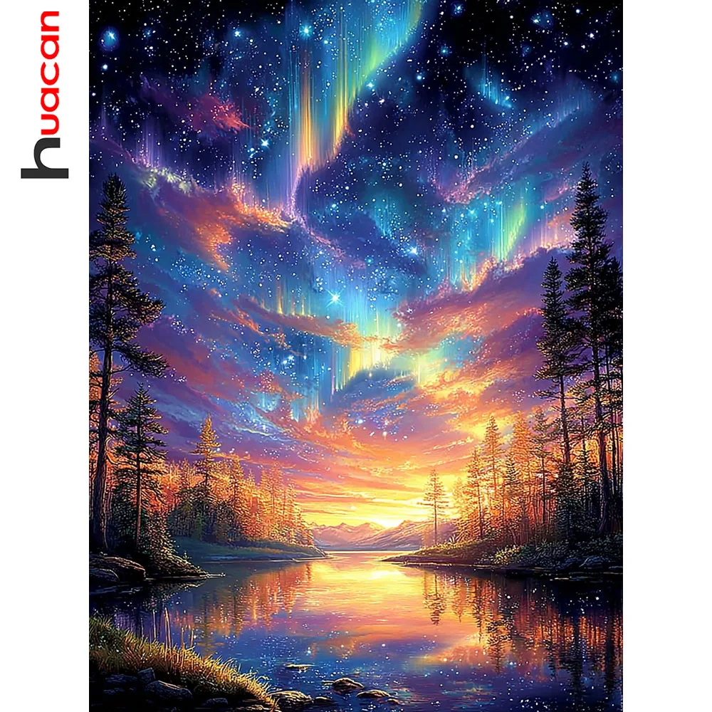 Huacan Voll-Diamant-Malerei Aurora Fluss Wald Diamant-Mosaik Landschaft Neue Kollektion Bild aus Strasssteinen