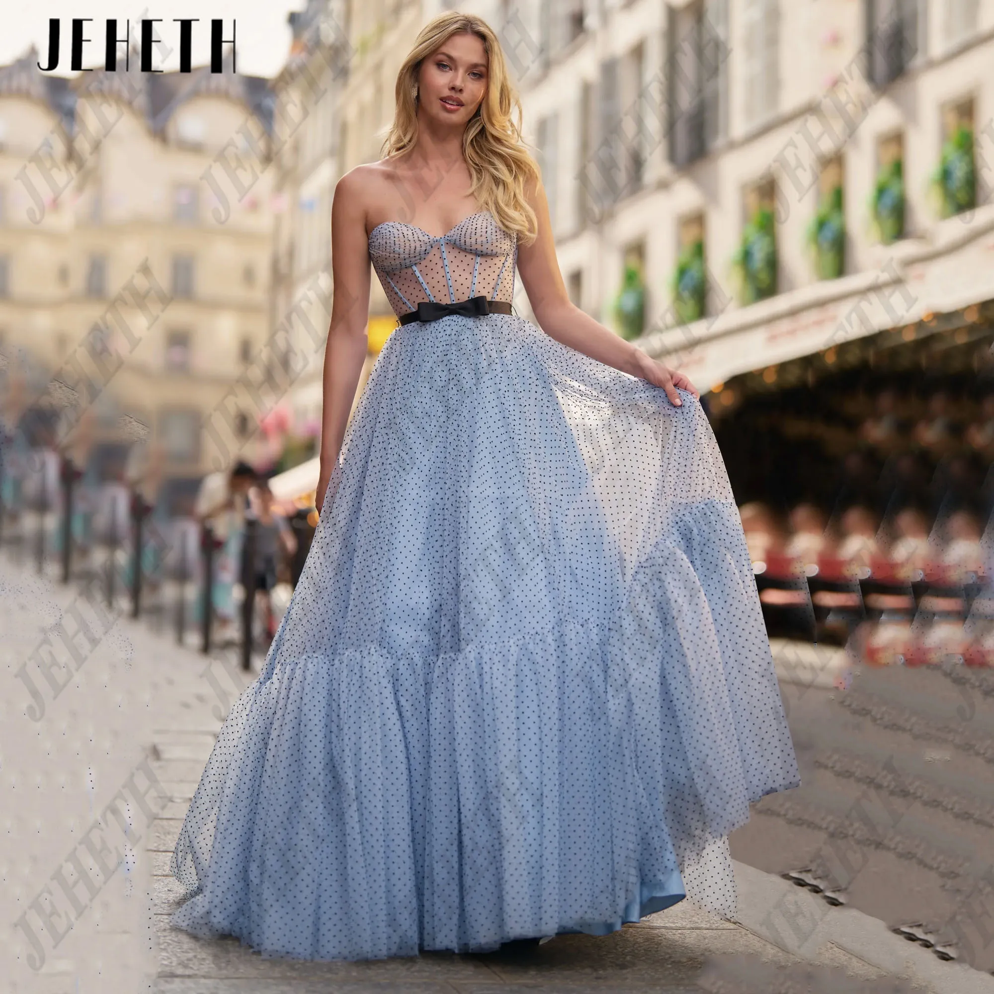 

JEHETH Fairy Polka Dots Tulle Prom Dress Strapless Ruched A-Line Wedding Party Gowns Floor-Length Prom Gowns Women Customized