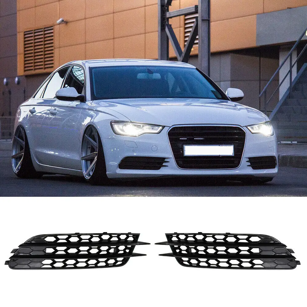 For Audi A6 C7 2012-15 Pair Black Front Bumper Fog Light Lamp Cover Grille Grill