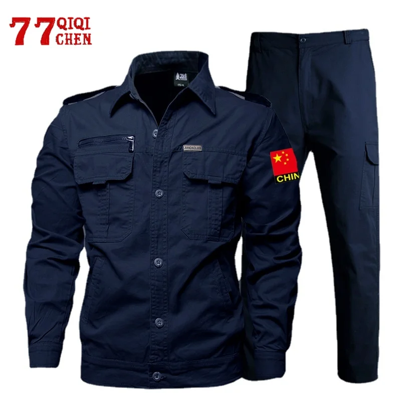 Autumn Tactical Mens Set 100% Cotton Multiple Pockets Solid Color Military Jacket Wear Resistant Cargo Pants 2 Piece Suit Male