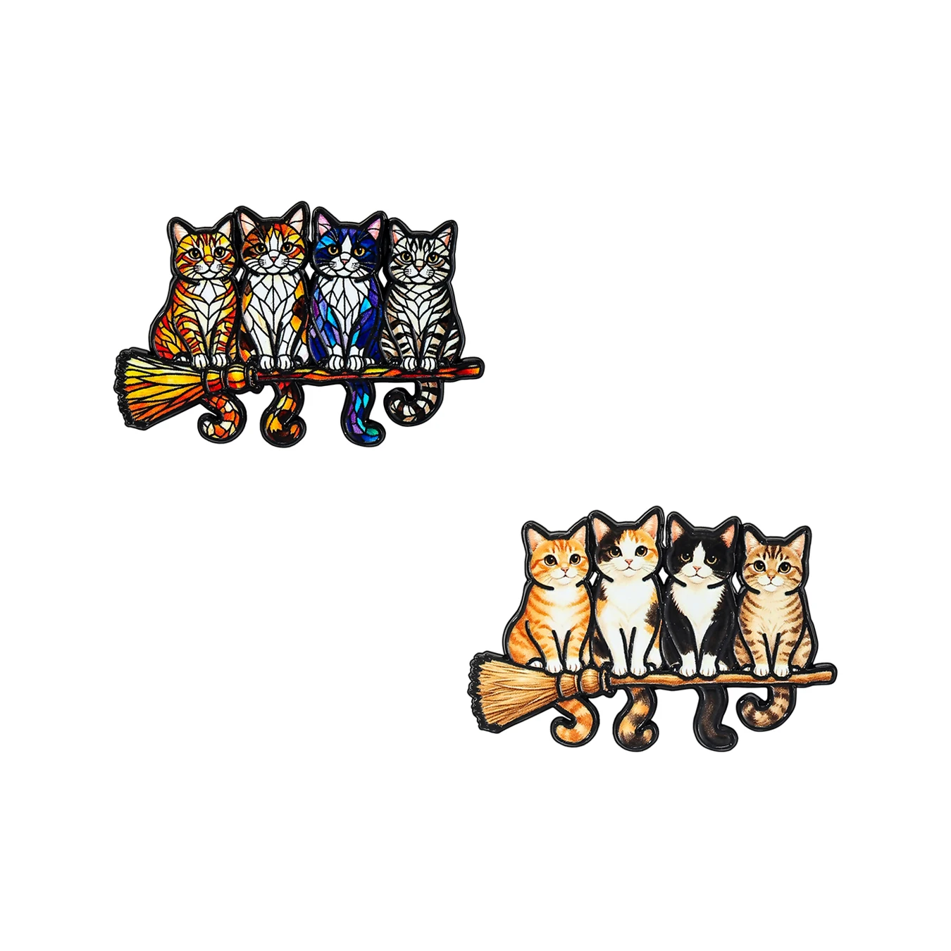 Juego de 3 broches con forma de gato, con diseños de gatitos de dibujos animados sobre una escoba y una rama, ideales para decorar mochilas, chaquetas y ropa, y como regalo.