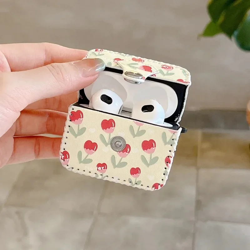 Étui carré en cuir Cortex Tulip Flower pour Apple, housse de protection pour écouteurs, AirPods Pro 2, 1, 2, 3, 2 en 1