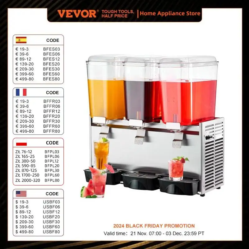 VEVOR Commercial Beverage Dispenser, 18L X 3 Tanks Ice Tea Drink Machine, 680W 304 Stainless Steel Juice Dispenser, for Party