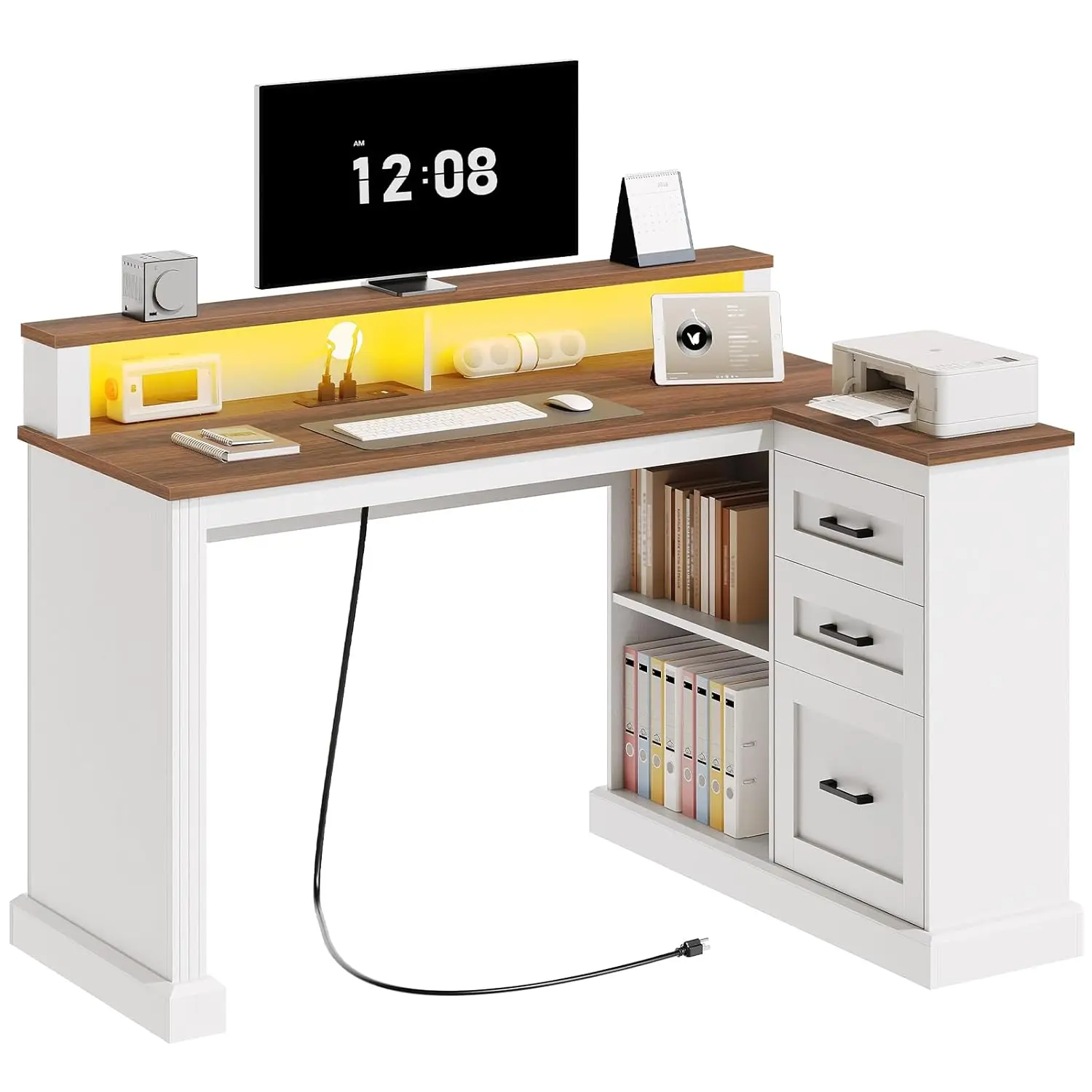 

L Shaped Computer Desk with Power Outlets LED Lights Drawers Monitor Stand Home Office Gaming, Customized