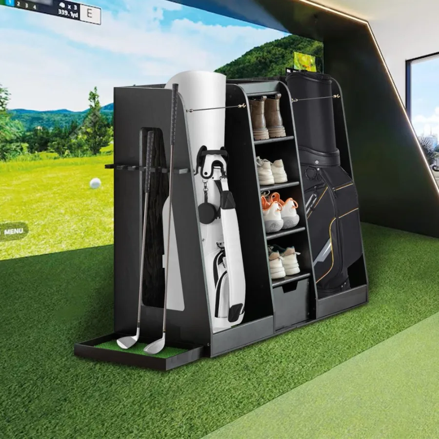 

55.5''x16''x37'' LxWxH Wooden Golf Bag Organizer and Storage Rack High Quality Wooden 2 Golf Bag Rack with Drawers Easy to Asse
