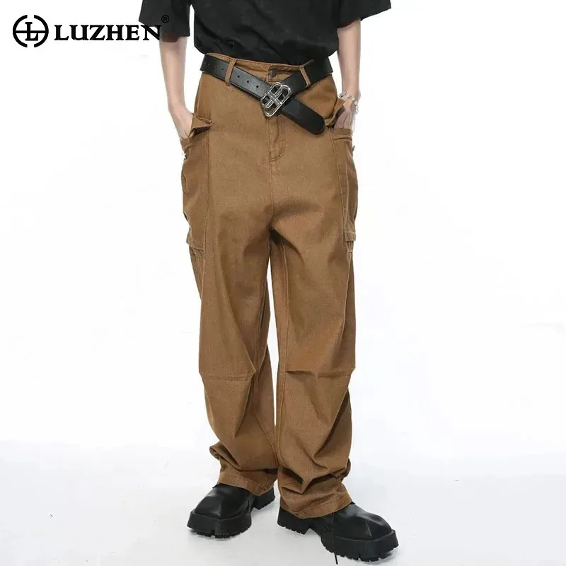 

LUZHEN Men's Street Cargo Pants Straight Leg Jeans Fashion Loose Pockets Decorate Male Trousers Solid Color Workwear LZ5602