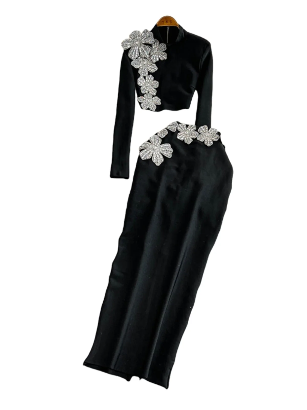 

Faionable Diamond Embellied Wrap Skirt Set ort Top Long Dr Slimming High Collar Long Sve Zipper Two Piece Set