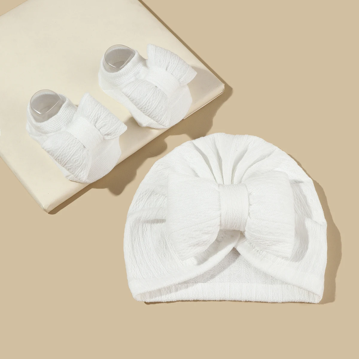 2Pcs Newborn Baby Bow Hat Socks Set Solid Color Cotton Infant Girls Turban Cap Anti-slip Socks