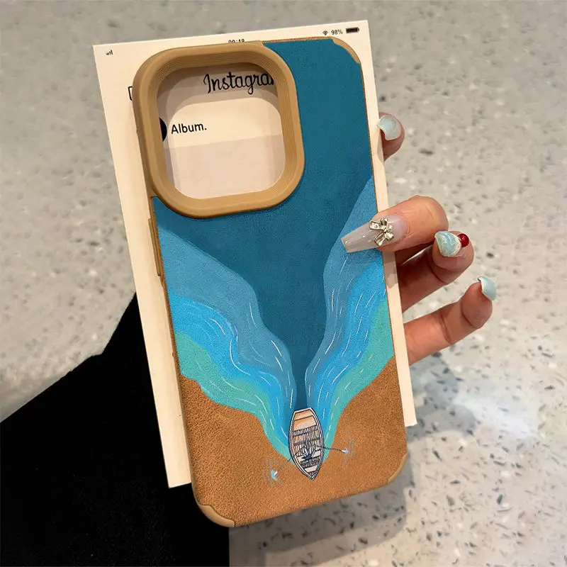 Creatieve Blauwe Oceaan Boot Geavanceerde Bruine Suede Zachte Telefoon Case Voor iPhone 11 12 13 14 15 16 Pro Max mode Cartoon Cover Y2k