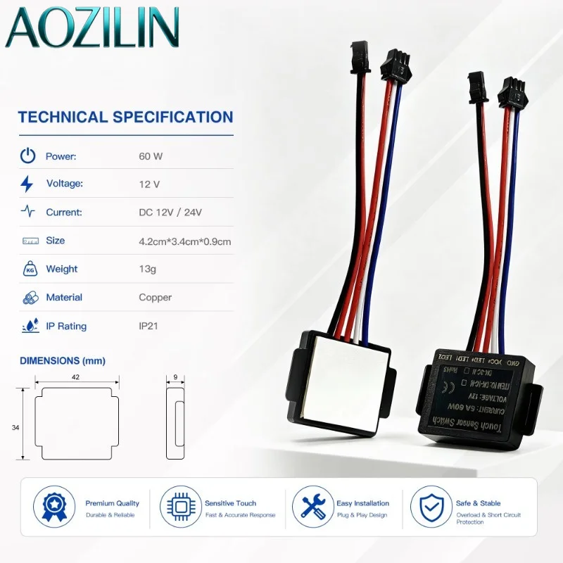 AOZILIN DC12V 36W Capacitive Touch Dimmer Switch Single Color Adjustable Light Control For Commercial Store Lighting50 Pack