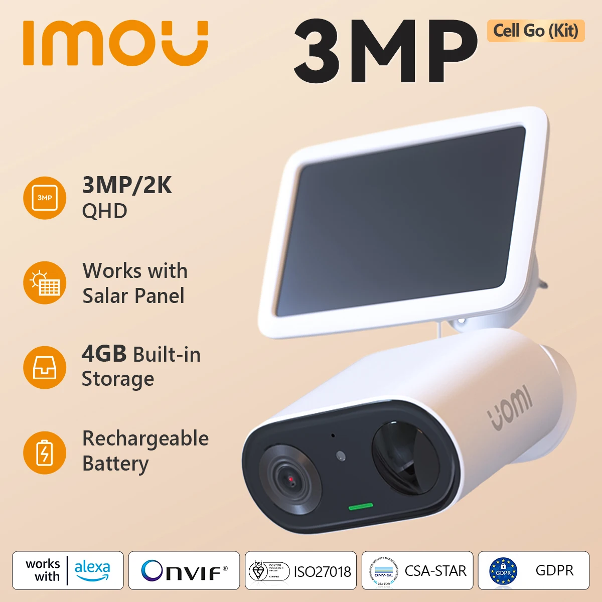 IMOU Cell Go with Solar panel 3MP Rechargeable Camera Wi-Fi Vlog feature Outdoor Surveillance Cameras PIR Human Detection IP65