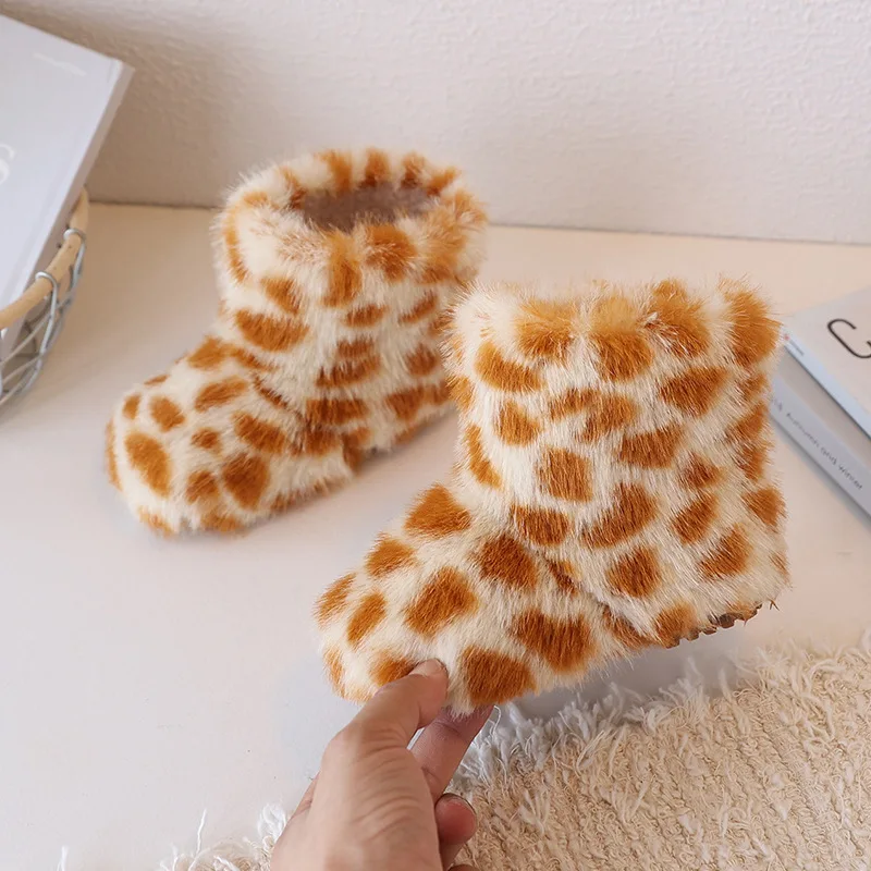 أحذية الموضة للفتيات ليوبارد طباعة زيبرا الغزلان الاطفال الثلوج الأحذية الدافئة الاصطناعي صوف الضأن الأطفال حذاء من الجلد