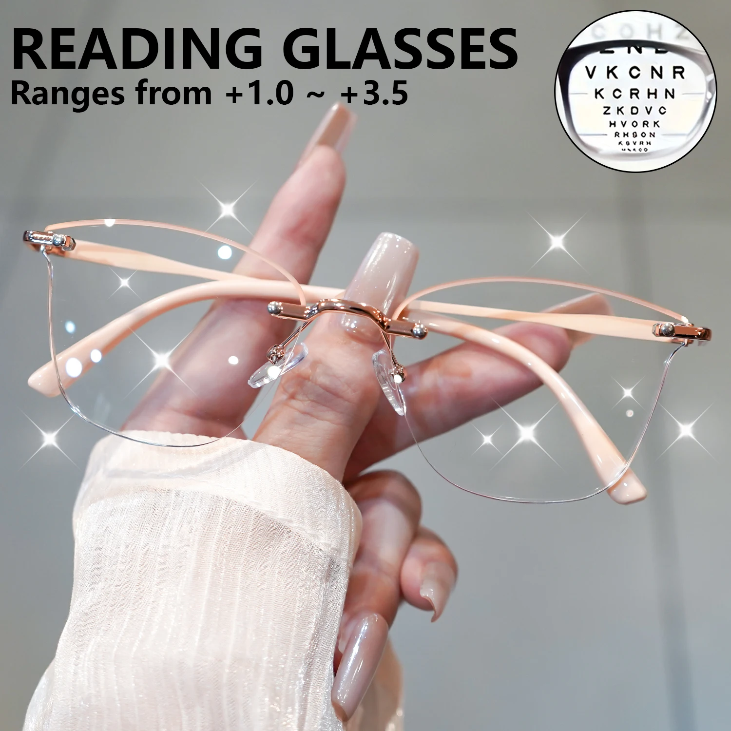 نظارات قراءة عصرية بدون إطار، نظارات طويلة ضيقة بحافة مقطوعة لامعة فاخرة مع قارئ الكمبيوتر