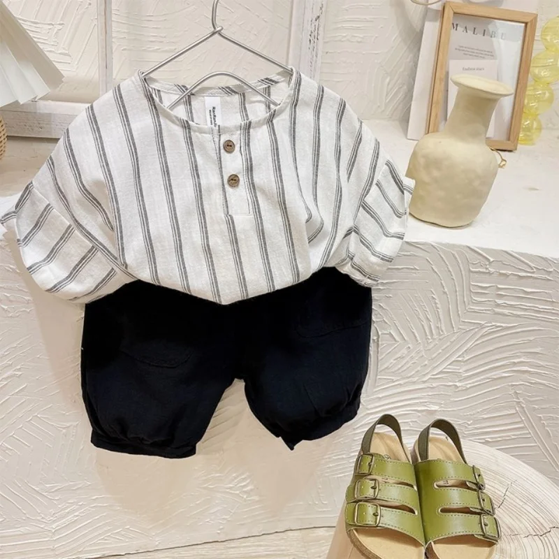 

Fresh Fan Children's Summer Short Sleeve Set Boys and Girls Cotton Striped Short Sleeve Top and Shorts Two-piece Set