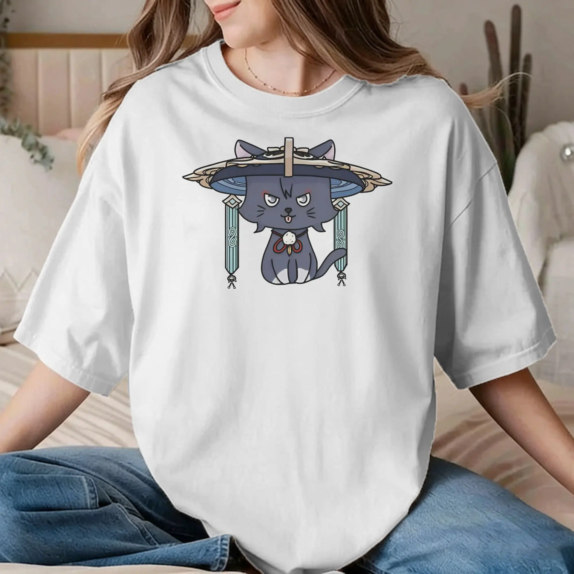 Wanderer cat Scaramouche T-Shirts for Men Women Genshin Impact Funny Cotton Tee Shirt Short Sleeve T Shirt Gift Idea Clothes
