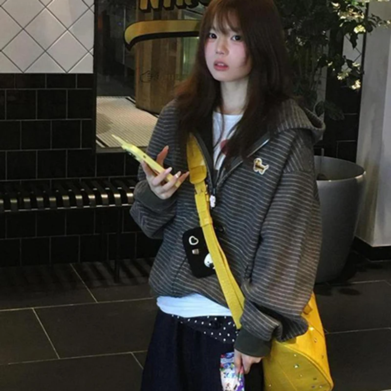 女性韓国ストライプフード付きスウェットシャツ原宿 Y2K アメリカンヴィンテージジャケット長袖ルーズカジュアルストリートクラシックレイジーコート