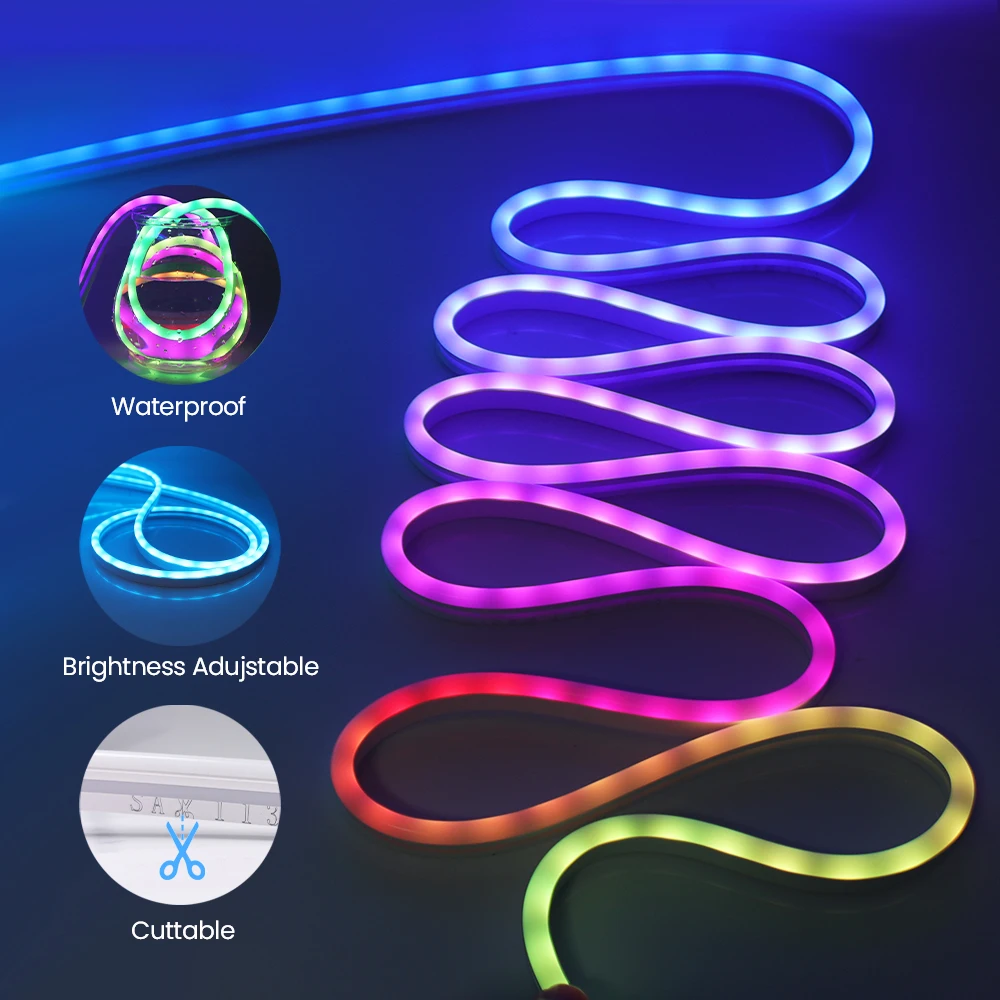 Bluetooth RGB Neon Light Sign 12V WS2811 Addressable Full Color Neon Rope Tape 60Leds/m IP67 Waterproof Tube Outdoor Lighting