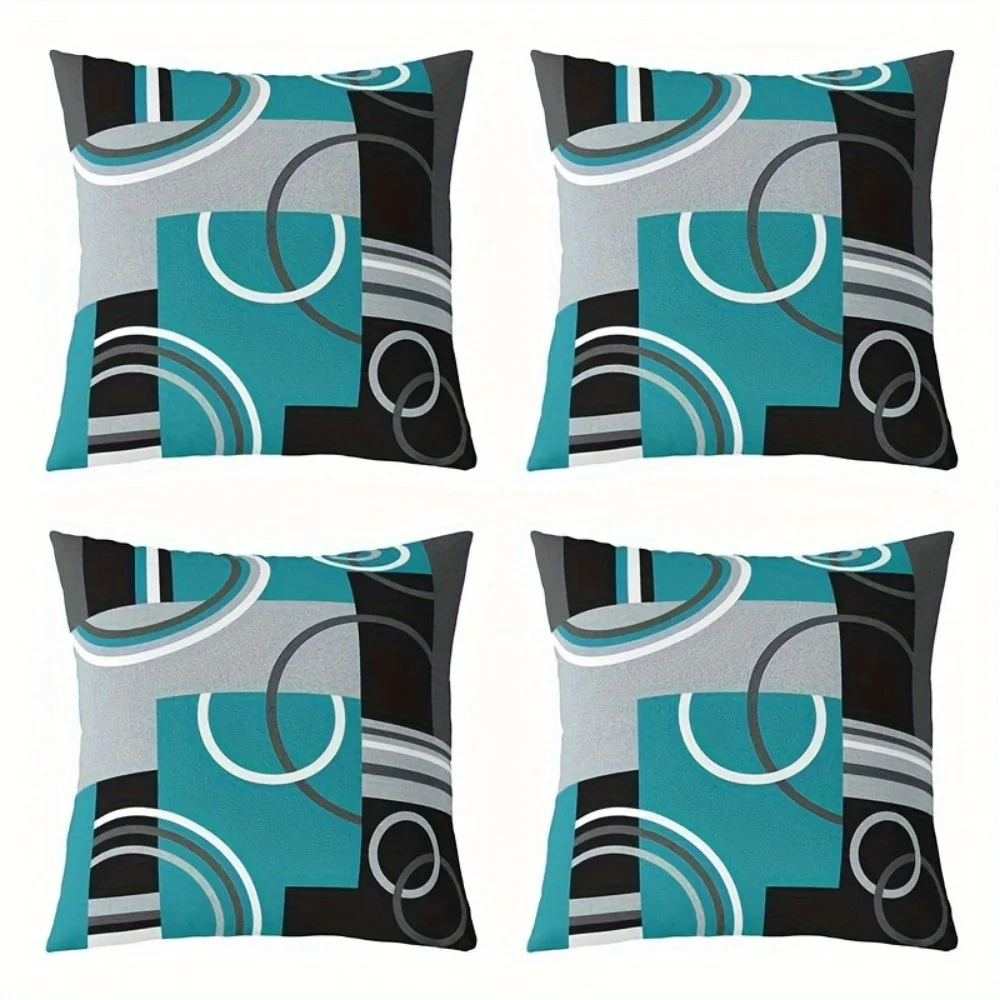 4Pcs Abstract Circle Pillow Covers 40x40cm Double-sided Printed Teal Grey Cushion Cases Modern Geometric Decor No Insert