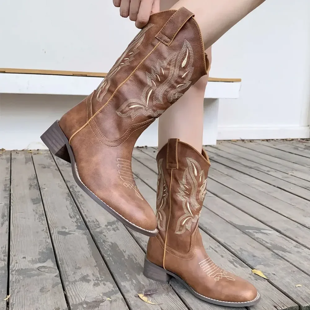 Maillard Style Retro Brown Cowboy Women Boots Embroidered Knight Boots Leather Western Thick Heel Middle Tube Boots Size 35-40