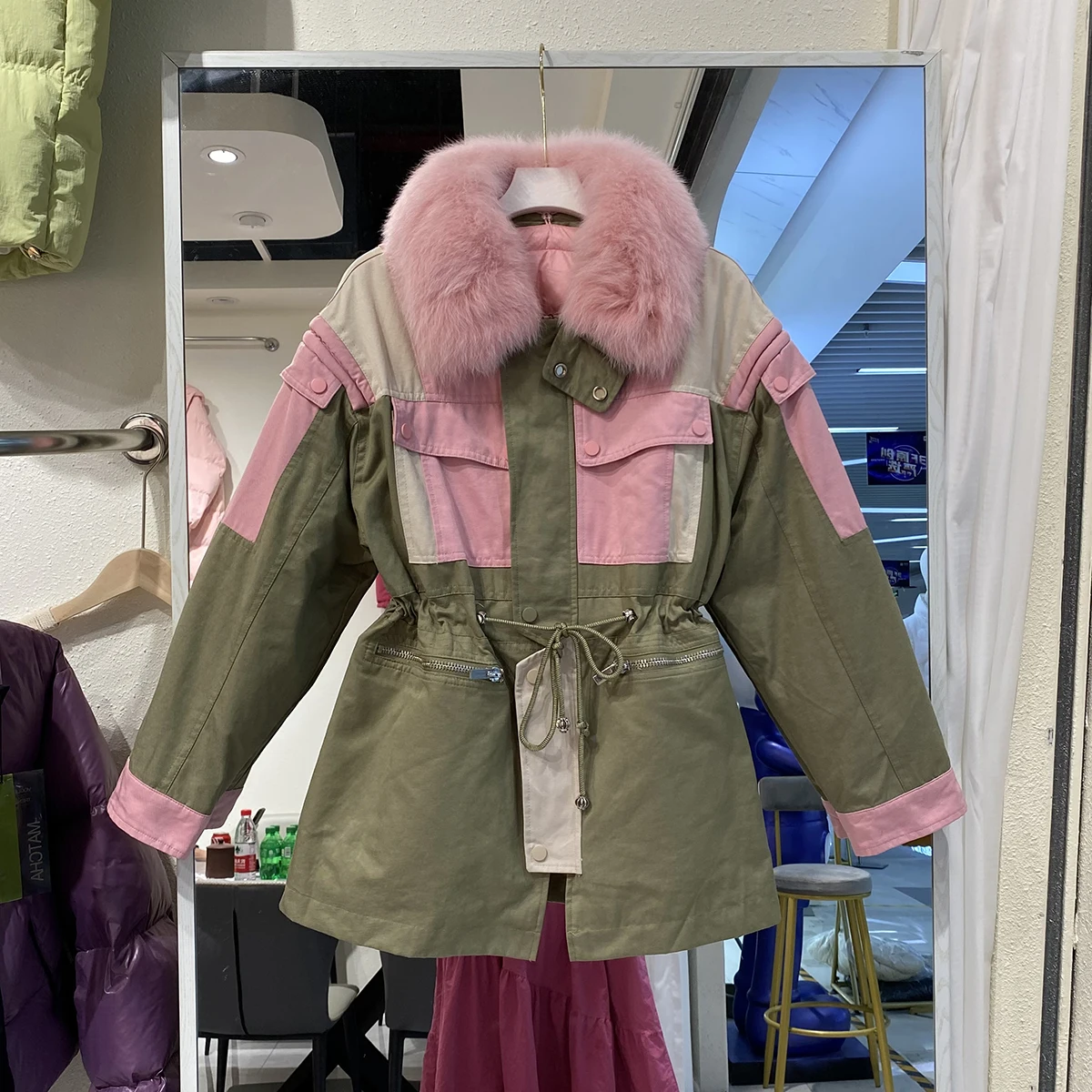 Parka de penas grossas mujer inverno luxo rea gola de pele de raposa com capuz longo solto pato branco para baixo jaqueta puffer